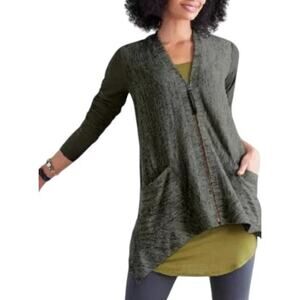 Logo by Lori Goldstein Knit Cardigan with Faux Suede Sleeves Large Heather Green